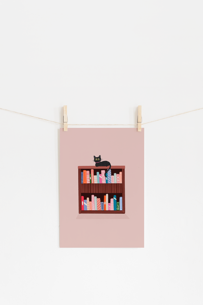 Black Cat Bookshelf Print